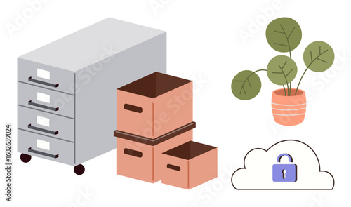 File cabinet on wheels, cardboard boxes, potted plant and cloud with padlock evoke themes of organization, productivity, data security, storage, and eco-friendly office design. Ideal for workspace