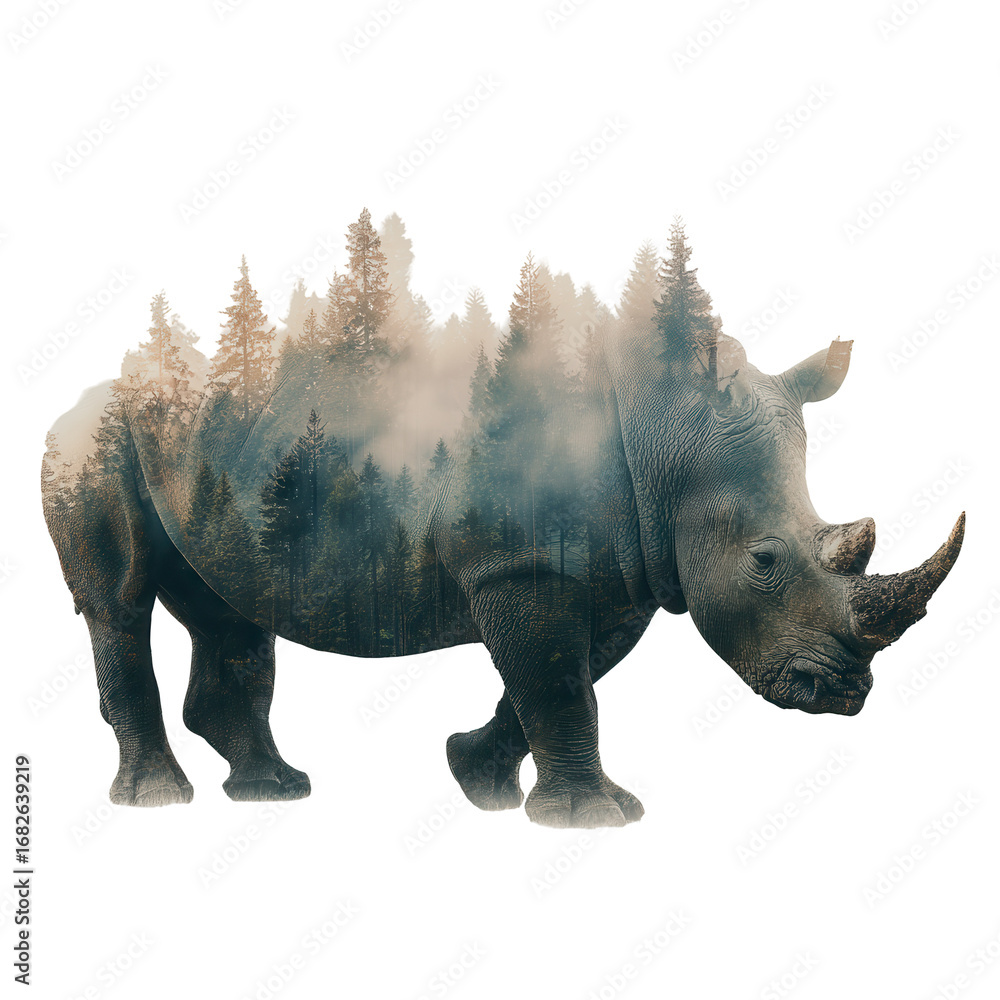 Fototapeta premium Rhino Silhouette Forest Double Exposure Nature Wildlife Conservation, isolated on a transparent background