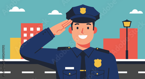 Smiling Police Officer Saluting in Cityscape Illustration.