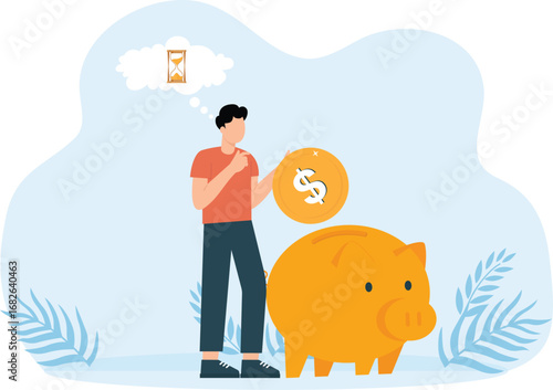 Saving time to work put in a piggy bank for business investing concept, 

