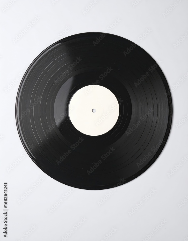 Obraz premium Black vinyl record against white. The record has a blank label. Grooves are visible. The image is shot from directly above