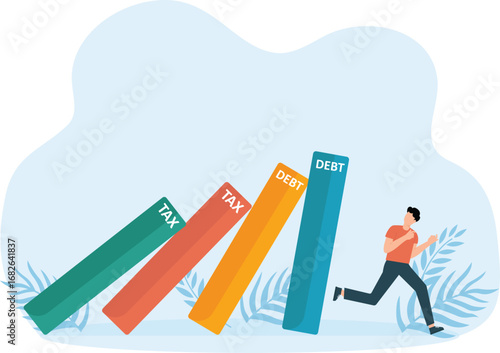 Debt and tax burden crushed domino effect and corporate concept, 

