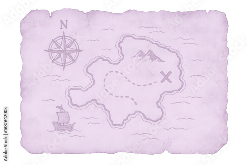 Vintage lavender treasure map featuring nautical compass, sailing ship, tropical island on isolated transparent backdrop