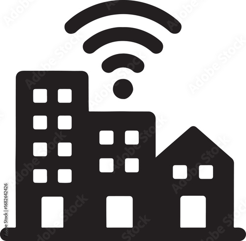 Silhouette smart city icon with modern buildings, technology, and urban infrastructure design.