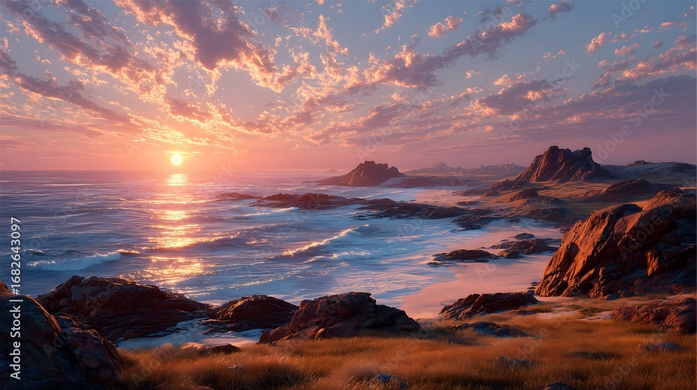 Naklejka premium Coastal Red Rock Landscape at Sunrise, Magnificent Natural Scenery with Golden Meadow and Sparkling Ocean