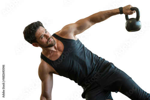 Muscular athletic man with dark hair performing kettlebell side plank exercise transparent background