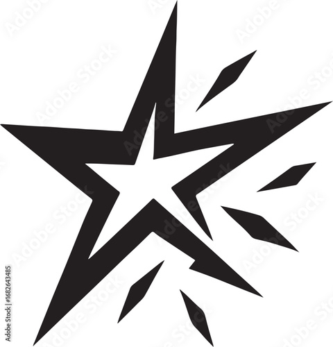 Silhouette fragmented sharp star with broken edges, dynamic points, and abstract cosmic design.