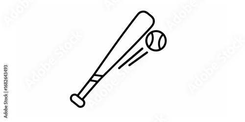 An isolated vector illustration of a baseball bat making contact with a ball, a classic sports symbol rendered in thin line art style