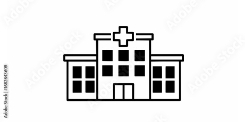 Simple line art illustration of a modern hospital building, a symbol for healthcare, medical services, and public health facilities