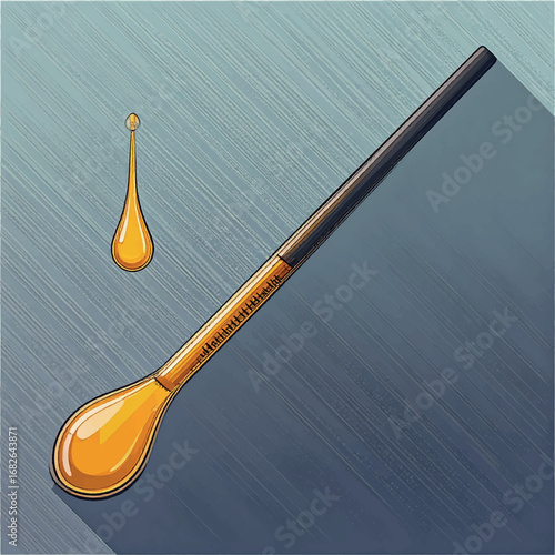 Illustration of a long, golden honey spoon with a drop of honey beside it, against a textured blue background.