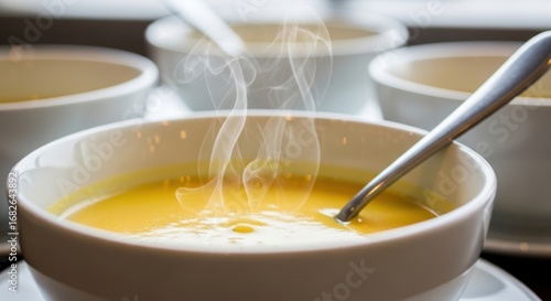 Steaming pumpkin soup in white bowl with spoon on table