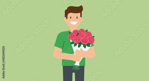 Smiling Man Holding Bouquet of Pink Roses.