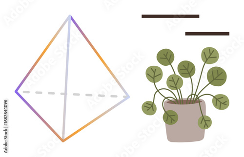 Abstract gradient geometric shape joined by a potted plant with round leaves, creating a balance. Ideal for nature, creativity, abstraction, modern design, growth, simplicity mindfulness. Simple