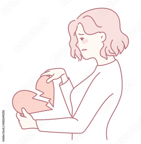 An emotional illustration shows a woman expressing sadness while holding a broken heart, conveying grief and loss