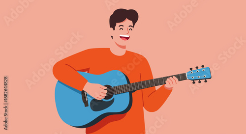 Smiling Man Playing Blue Acoustic Guitar.