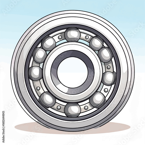 A detailed illustration of a metallic ball bearing, showcasing its mechanical design.