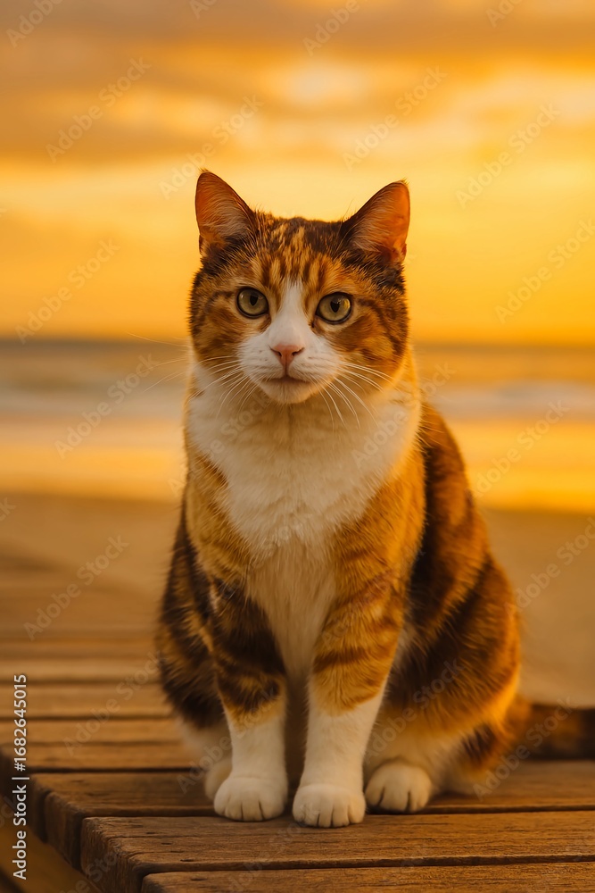 Obraz premium Orange tabby cat sitting on a wooden deck with a golden sunset background
