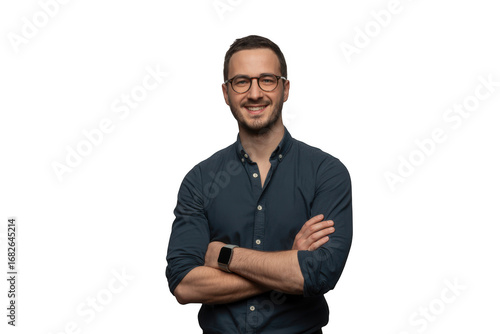 Professional headshot portrait of a smiling man with glasses and crossed arms transparent background