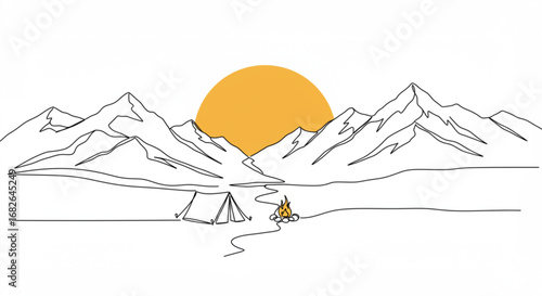 Adventurer camping in mountains at sunset, minimalist illustration
