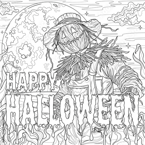 Scarecrow and full moon and the inscription Halloween.Coloring book antistress for children and adults. 