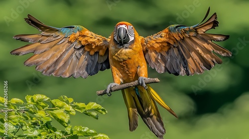 Telephoto 4K capture of macaw on branch with wings fully extended, precise feather edge detail and natural rim light under bright conditions