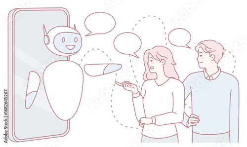 A couple happily engaging in an enjoyable conversation with a cheerful and friendly robot displayed on a screen