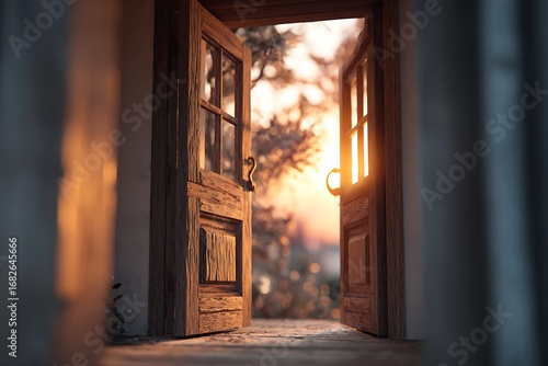 Wallpaper Mural An open wooden door with warm light streaming through, symbolizing new beginnings and opportunities. Torontodigital.ca