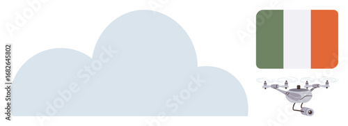 Quadcopter flying under a cloud next to Irish flag, implying surveillance, weather, or geographic monitoring. Ideal for themes of security, innovation, Quadcopter usage, technology, weather geography