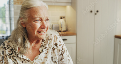 Quadro em tela Thinking, senior woman and crying at house with depression, mourning loss and sad memory
