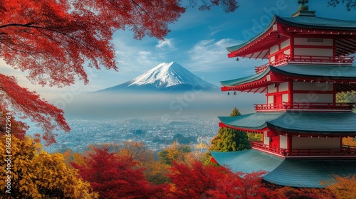 Mount Fuji and pagoda with autumn leaves
