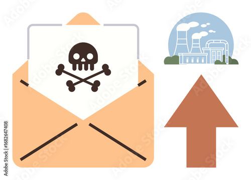 Open envelope containing skull and crossbones, factory with emissions nearby, upward arrow. Ideal for cybersecurity, industrial safety, hazards, environmental risks, warnings, pollution