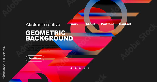Dynamic abstract design. Vibrant colors blend, creating modern geometric background. Website header includes navigation options.