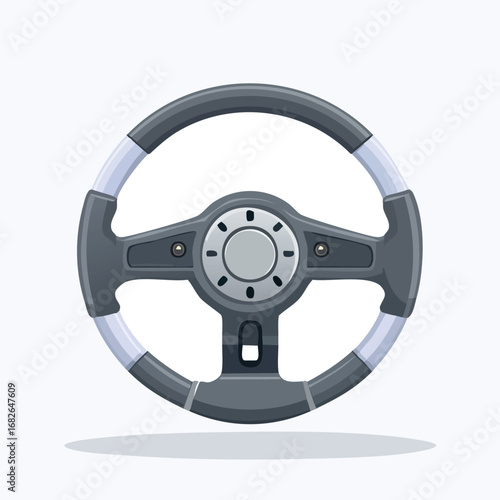 A sleek, dark gray car steering wheel with light gray accents, isolated on a white background.