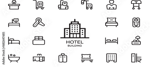 Hotel Line Icons Set – Minimalist Vector Illustrations of Hotel Services, Room Amenities, Beds, Luggage, Reception, Travel, and Hospitality Elements for Booking, Tourism, vector illustration icon 