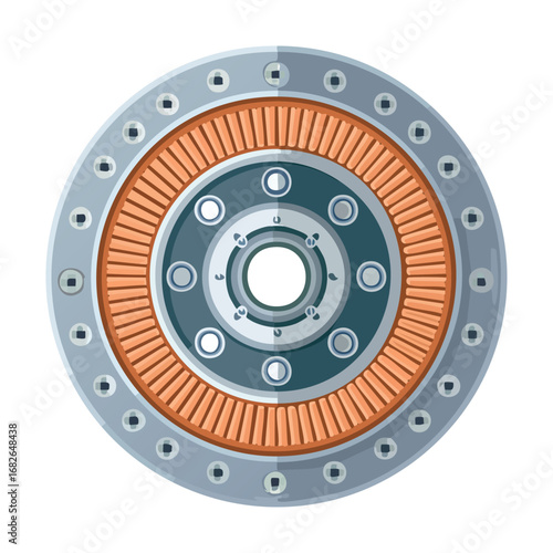 A circular mechanical component featuring concentric rings, rivets, and a central hub, designed with a detailed illustration.