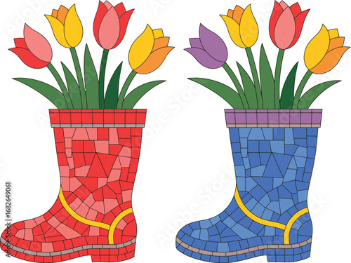 Colorful tulip flowers in mosaic rain boots spring decoration
