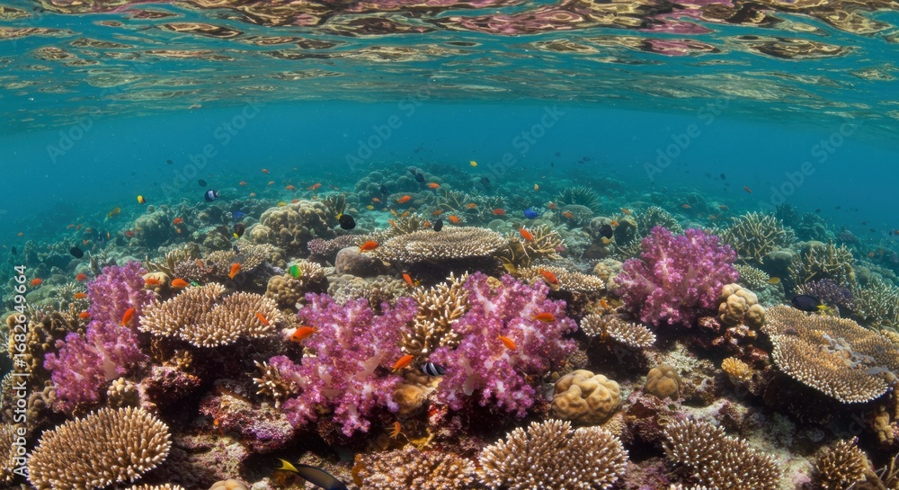 Fototapeta premium Underwater coral reef teeming with colorful fish and varied coral formations