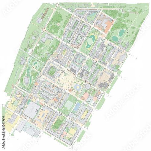 An intricate overhead view showcases a modern city's comprehensive master plan, detailing its urban infrastructure, green spaces, and diverse residential zones.