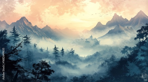 Scenic vista of mountain range layered in morning mist with conifer forests below creating a