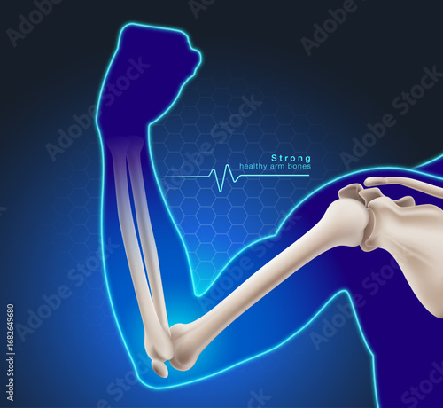 illustration showcasing strong, healthy human arm and elbow bones within a glowing blue outline, complemented by a medical data waveform. Ideal for health, medical and fitness content. 3d Vector. 