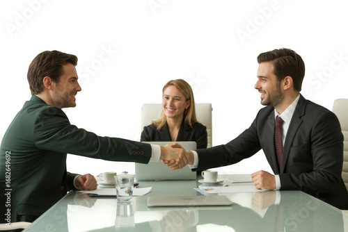 Professional business meeting two men shaking hands with woman observing laptop at table transparent background