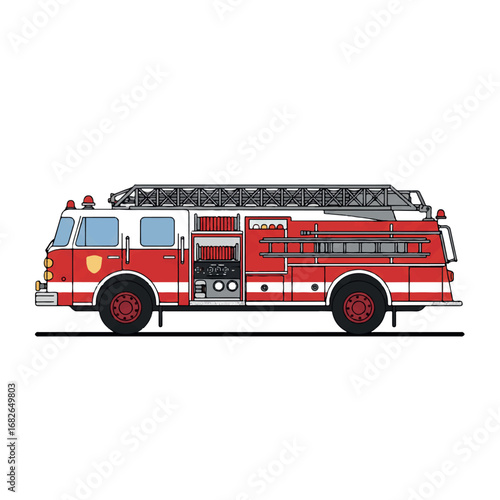 A classic red fire truck is shown from the side as a minimalist 2D flat vector illustration, featuring clean lines, solid colors, and simplified ladders and hoses, isolated on white.