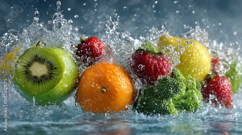 Fresh Fruit and Vegetable Splash Vibrant Kiwi Strawberries Orange Lemon and Broccoli in Water