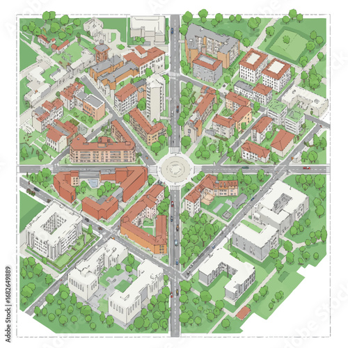 An intricate isometric illustration depicts a modern residential urban development with numerous buildings, green spaces, and a central roundabout, showcasing thoughtful city planning.