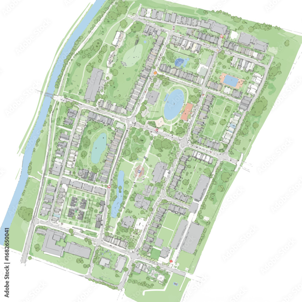 Obraz premium An aerial view of a meticulously planned residential community with green spaces, houses, and waterways, showcasing modern urban development.