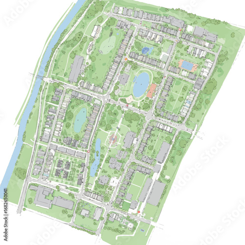 An aerial view of a meticulously planned residential community with green spaces, houses, and waterways, showcasing modern urban development.