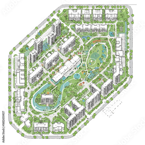 Architectural master plan of a modern, sustainable residential complex featuring multiple buildings, lush green spaces, and integrated urban pathways.