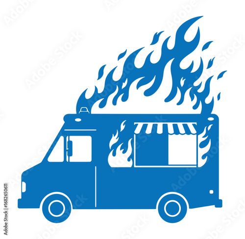 A burning food truck illustration depicting disaster and restaurant business problems concept