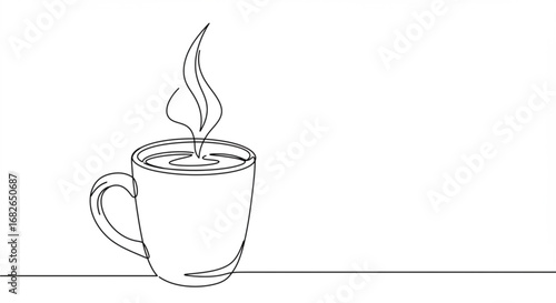 Single line drawing of a steaming coffee cup