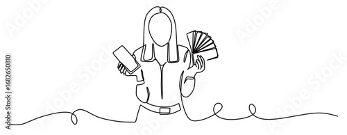 Continuous line art of a business woman wearing a business suit holding a lot of money and holding a smartphone. Concept of success and achievement. Vector illustration.